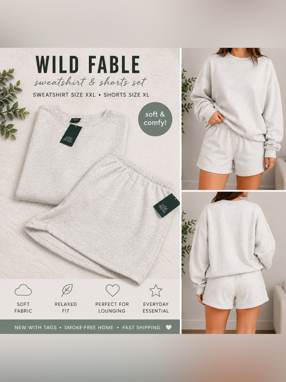 Wild Fable Sweatshirt XXL & Sweat Shorts XL Matching Lounge Set NWT Heather Gray